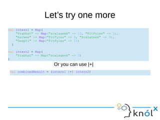 Let’s try one more
val intern1 = Map(
"Prabhat" -> Map("scalageek" -> 10, "FitFyles" -> 1),
"Aarwee" -> Map("FitFyles" -> 6, "ScalaGeek" -> 3),
"Deepti" -> Map("FitFyles" -> 11)
)
val intern2 = Map(
"Prabhat" -> Map("scalageek" -> 3)
)
Or you can use |+|
val combinedResult = (intern1 |+| intern2)
 