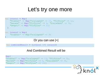 Let’s try one more
val intern1 = Map(
"Prabhat" -> Map("scalageek" -> 10, "FitFyles" -> 1),
"Aarwee" -> Map("FitFyles" -> 6, "ScalaGeek" -> 3),
"Deepti" -> Map("FitFyles" -> 11)
)
val intern2 = Map(
"Prabhat" -> Map("scalageek" -> 3)
)
Or you can use |+|
val combinedResult = (intern1 |+| intern2)
Map(
"Prabhat" -> Map("scalageek" -> 13, "FitFyles" -> 1),
"Aarwee" -> Map("FitFyles" -> 6, "ScalaGeek" -> 3),
"Deepti" -> Map("FitFyles" -> 11))
And Combined Result will be
 