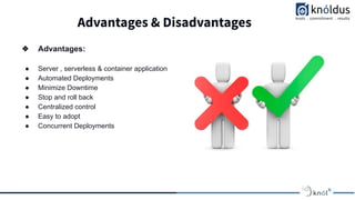 Advantages & Disadvantages
❖ Advantages:
● Server , serverless & container application
● Automated Deployments
● Minimize Downtime
● Stop and roll back
● Centralized control
● Easy to adopt
● Concurrent Deployments
 