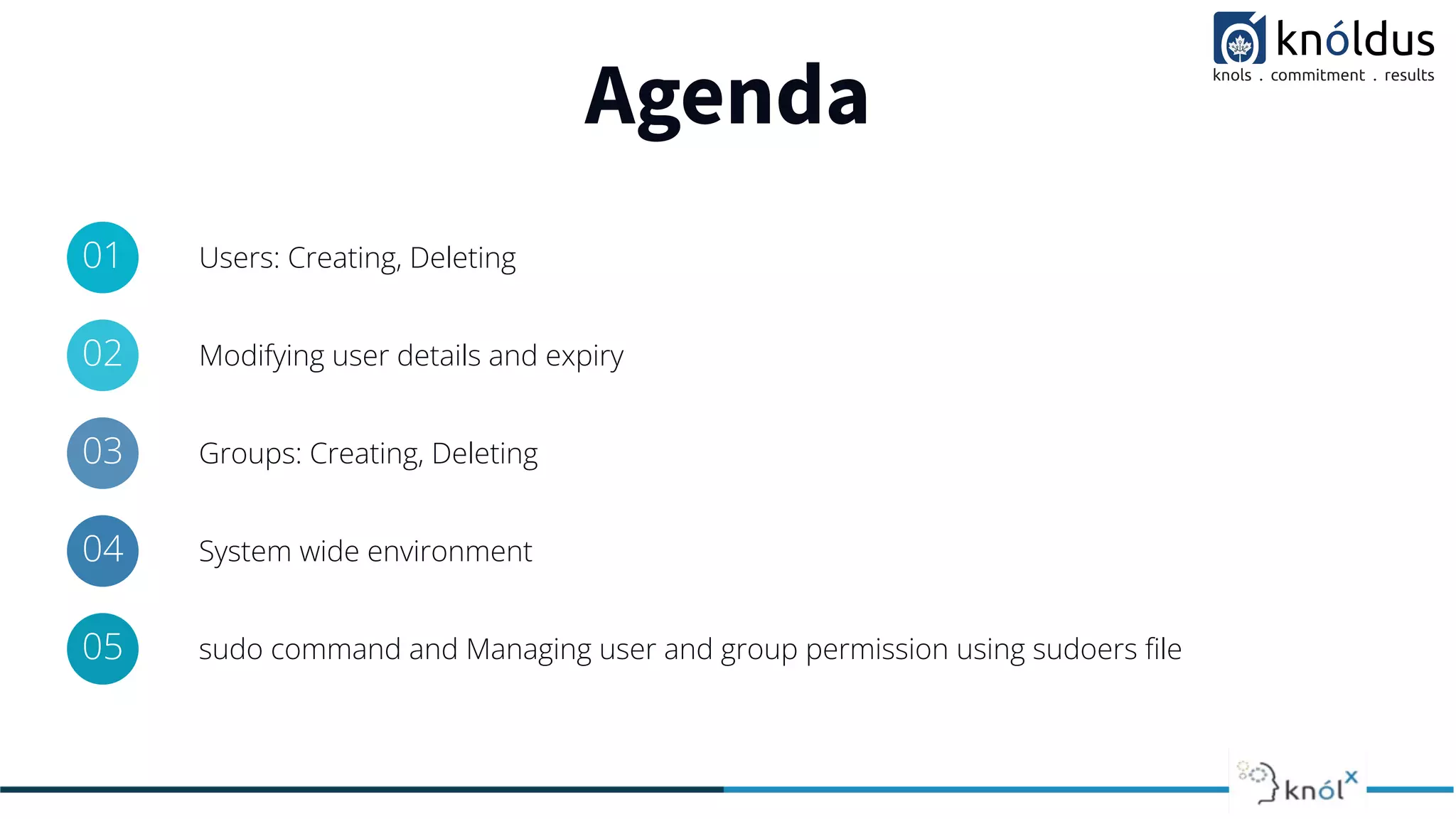 Agenda
01 Users: Creating, Deleting
02 Modifying user details and expiry
03 Groups: Creating, Deleting
04 System wide environment
05 sudo command and Managing user and group permission using sudoers ﬁle
 