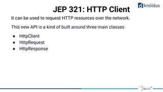 JEP 321: HTTP Client
It can be used to request HTTP resources over the network.
This new API is a kind of built around three main classes
● HttpClient
● HttpRequest
● HttpResponse
 