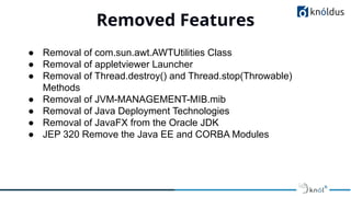 Removed Features
01
● Removal of com.sun.awt.AWTUtilities Class
● Removal of appletviewer Launcher
● Removal of Thread.destroy() and Thread.stop(Throwable)
Methods
● Removal of JVM-MANAGEMENT-MIB.mib
● Removal of Java Deployment Technologies
● Removal of JavaFX from the Oracle JDK
● JEP 320 Remove the Java EE and CORBA Modules
 