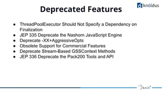 Deprecated Features
01
● ThreadPoolExecutor Should Not Specify a Dependency on
Finalization
● JEP 335 Deprecate the Nashorn JavaScript Engine
● Deprecate -XX+AggressiveOpts
● Obsolete Support for Commercial Features
● Deprecate Stream-Based GSSContext Methods
● JEP 336 Deprecate the Pack200 Tools and API
 