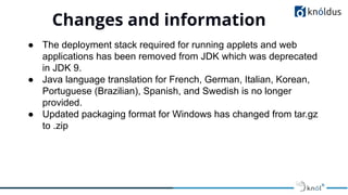 Changes and information
01
● The deployment stack required for running applets and web
applications has been removed from JDK which was deprecated
in JDK 9.
● Java language translation for French, German, Italian, Korean,
Portuguese (Brazilian), Spanish, and Swedish is no longer
provided.
● Updated packaging format for Windows has changed from tar.gz
to .zip
 