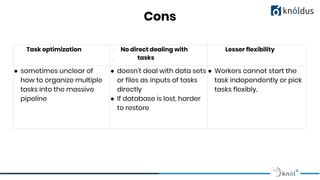 Cons
Task optimization - No direct dealing with
- tasks
Lesser flexibility
● sometimes unclear of
how to organize multiple
tasks into the massive
pipeline
● doesn't deal with data sets
or files as inputs of tasks
directly
● If database is lost, harder
to restore
● Workers cannot start the
task independently or pick
tasks flexibly.
 