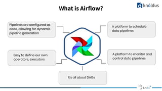 What is Airflow?
Pipelines are configured as
code, allowing for dynamic
pipeline generation
A platform to schedule
data pipelines
Easy to define our own
operators, executors
It’s all about DAGs
A platform to monitor and
control data pipelines
 