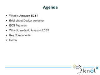 Agenda
 What is Amazon ECS?
 Brief about Docker container
 ECS Features
 Why did we build Amazon ECS?
 Key Components
 Demo
 