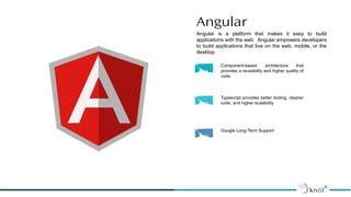 Angular
Angular is a platform that makes it easy to build
applications with the web. Angular empowers developers
to build applications that live on the web, mobile, or the
desktop.
Component-based architecture that
provides a reusability and higher quality of
code01
Typescript provides better tooling, cleaner
code, and higher scalability
02
Google Long-Term Support
03
 