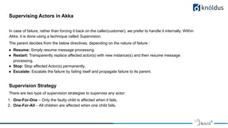 Supervising Actors in Akka
In case of failure, rather than forcing it back on the caller(customer), we prefer to handle it internally. Within
Akka, it is done using a technique called Supervision.
The parent decides from the below directives, depending on the nature of failure :
● Resume: Simply resume message processing.
● Restart: Transparently replace affected actor(s) with new instance(s) and then resume message
processing.
● Stop: Stop affected Actor(s) permanently.
● Escalate: Escalate the failure by failing itself and propagate failure to its parent.
Supervision Strategy
There are two type of supervision strategies to supervise any actor:
1. One-For-One – Only the faulty child is affected when it fails.
2. One-For-All – All children are affected when one child fails.
 