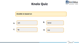 Knolx Quiz
Ansible is based on
telnet
ssh
ftp scp
A.
B.
C. D.
 