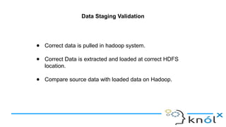 Data Staging Validation
● Correct data is pulled in hadoop system.
● Correct Data is extracted and loaded at correct HDFS
location.
● Compare source data with loaded data on Hadoop.
 