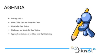 AGENDA
➔ Why Big Data ??
➔ Areas Of Big Data and Some Use Case
➔ What is Big Data Testing
➔ Challenges we face in Big Data Testing
➔ Approach or strategies to be follow while Big Data testing
 