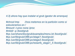 1) Iniciar con Live CD de Knoppix 6.02) Levantar una consola de comandos (o apretar Ctrl+Alt+F6)3) Aquí se va a particionar el disco3.1) Iniciar en modo superusuario#su3.2) correr comando cfdisk para crear las particiones necesarias del disco#cfdisk