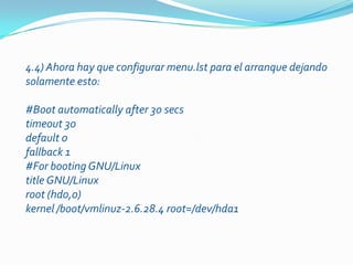 3.3) A la particion donde se va a instalar el Knoppix darle tipo reiserfs (o ext3)3.4) Crear una particion de swap, con que tenga la misma capacidad que la memoria principal debiera alcanzar. Si seva a planear agregar más memoria, ya preveer el tamañodel espacio swap3.5) declarar a la partición (x ej hda1) donde va a estar instalado el Knoppix como booteable Por ejemplo tendremos /dev/hda1 --> partición donde se va a instalar el knoppix/dev/hda5 --> partición de swap