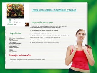 Pasta con salami, mozzarella y rúcula


          3

          De1 a 30 min.

          fácil
                                       1. En una olla con abundante agua con sal, hervimos la pasta hasta que
                                       quede al dente, escurrir y reservar con un chorrito de aceite.

                                       2. Cortar el salami en dados y mezclarlos con la pasta.

                                       3. Cortar daditos de mozzarella. Reservar.

                                       4. Mezclar la mayonesa con la cucharada de mostaza al las finas hierbas, el
                                       zumo de limón, el vinagre y el aceite, emulsionar y reservar.
250 g Pasta (ruedas, lazitos...)
Rúcula                                 5. Limpiamos la rúcula y le sacamos los tallos.
100 g Mozzarella
100 g Beicon                           6. Mezclar la pasta con la rúcula y aliñar con la vinagreta.
4 cucharada Mayonesa
1 cucharada Mostaza
zumo de limón
Vinagre balsámico
Aceite
Nueces
Sal y pimienta




 Disponemos en el plato una ración y terminamos con pimienta recién
 molida.
 