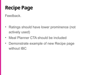Recipe Page
Feedback.
• Ratings should have lower prominence (not
actively used)
• Meal Planner CTA should be included
• Demonstrate example of new Recipe page
without IBC
 