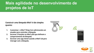 Mais agilidade no desenvolvimento de
projetos de IoT
Construir uma lâmpada KNoT é tão simples
quanto:
1. Customizar o KNoT Thing Core adicionando um
atuador para controlar a lâmpada.
2. Escrever 3 funções no KNoT µOS que definem o
comportamento da lâmpada.
3. Escrever uma app móvel usando a KNoT Lib para
interagir com a lâmpada.
 
