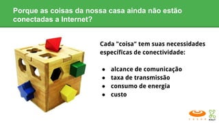 Porque as coisas da nossa casa ainda não estão
conectadas a Internet?
Cada "coisa" tem suas necessidades
específicas de conectividade:
● alcance de comunicação
● taxa de transmissão
● consumo de energia
● custo
 