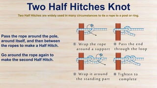 Two Half Hitches Knot
Pass the rope around the pole,
around itself, and then between
the ropes to make a Half Hitch.
Go ar...