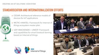 CREATING AN IOT SOLUTIONS’ ECOSYSTEM
STANDARDIZATION AND INTERNATIONALIZATION EFFORTS
▸ CESAR: Architectural reference models of
devices for IoT applications
▸ MCTIC+ANATEL: Framework for Internet of
things ecosystem master plan
▸ USP+MACKENZIE + UNESP: Framework
and capabilities for smart livestock farming
based on Internet of things
 