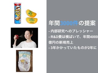 年間3000件の提案
- 内部研究へのプレッシャー
- R&D費は横ばいで、年間4000
億円の新規売上
- 3年かかっていたものが2年に
 