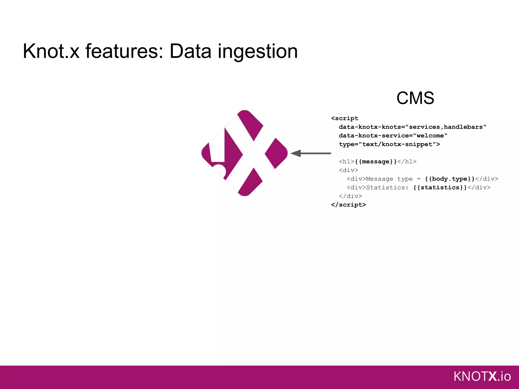 KNOTX.io
Knot.x features: Data ingestion
<script
data-knotx-knots="services,handlebars"
data-knotx-service="welcome"
type="text/knotx-snippet">
<h1>{{message}}</h1>
<div>
<div>Message type - {{body.type}}</div>
<div>Statistics: {{statistics}}</div>
</div>
</script>
CMS
 