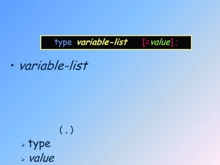 type variable-list   [=value] ;

• variable-list




               (,)
     type
     value                                     13
 