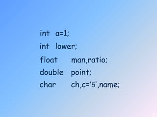 int a=1;
int lower;
float      man,ratio;
double point;
char       ch,c=„5‟,name;


                            14
 