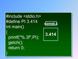 #include <stdio.h>
#define PI 3.414     const.c
int main()
{
                     3.414
  printf("%.3f",PI);
  getch();
  return 0;
}
                               15
 