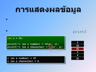 •

•                                         printf
int c = 65;                                :
                                           2
printf("c (as a number) = %dn", c);
                                           30
printf("c (as a character) = %cn", c);
                                           65   c
                                           5
     :                                     8
c (as a number) = 65                       23
c (as a character) = A                     :


                                                    19
 