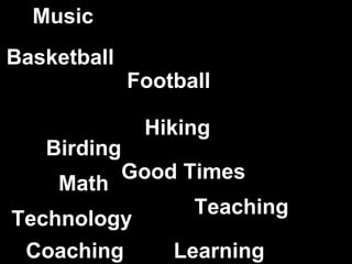 Technology Good Times Coaching Football Basketball Birding Hiking Math Music Teaching Learning 