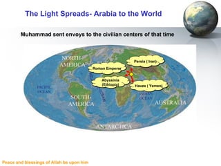 The Light Spreads- Arabia to the World Muhammad sent envoys to the civilian centers of that time Roman Emperor Abyssinia (Ethiopia) Persia ( Iran) Hauza ( Yemen) 