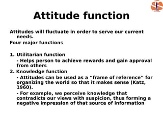 Attitude function
Attitudes will fluctuate in order to serve our current
   needs.
Four major functions

1. Utilitarian function
   - Helps person to achieve rewards and gain approval
   from others
2. Knowledge function
   - Attitudes can be used as a “frame of reference” for
   organizing the world so that it makes sense (Katz,
   1960).
   - For example, we perceive knowledge that
   contradicts our views with suspicion, thus forming a
   negative impression of that source of information
 