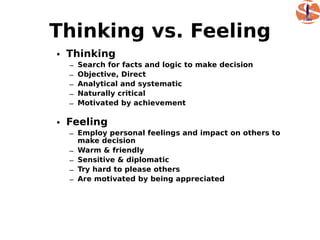 Thinking vs. Feeling
• Thinking
  –   Search for facts and logic to make decision
  –   Objective, Direct
  –   Analytical and systematic
  –   Naturally critical
  –   Motivated by achievement

• Feeling
  – Employ personal feelings and impact on others to
    make decision
  – Warm & friendly
  – Sensitive & diplomatic
  – Try hard to please others
  – Are motivated by being appreciated
 