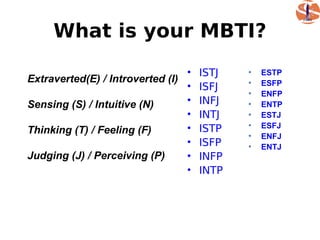 What is your MBTI?
                                 •   ISTJ   •   ESTP
Extraverted(E) / Introverted (I)            •   ESFP
                                 •   ISFJ   •   ENFP
Sensing (S) / Intuitive (N)      •   INFJ   •   ENTP
                                 •   INTJ   •   ESTJ
                                            •   ESFJ
Thinking (T) / Feeling (F)       •   ISTP
                                            •   ENFJ
                                 •   ISFP   •   ENTJ
Judging (J) / Perceiving (P)     •   INFP
                                 •   INTP
 