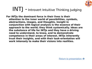 INTJ - Introvert Intuitive Thinking Judging
For INTJs the dominant force in their lives is their
  attention to the inner world of possibilities, symbols,
  abstractions, images, and thoughts. Insight in
  conjunction with logical analysis is the essence of their
  approach to the world; they think systemically. Ideas are
  the substance of life for INTJs and they have a driving
  need to understand, to know, and to demonstrate
  competence in their areas of interest. INTJs inherently
  trust their insights, and with their task-orientation will
  work intensely to make their visions into realities.




                                         Return to presentation 
 