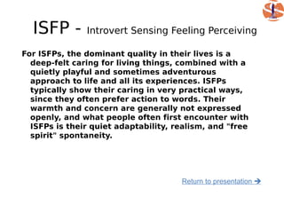 ISFP -       Introvert Sensing Feeling Perceiving

For ISFPs, the dominant quality in their lives is a
  deep-felt caring for living things, combined with a
  quietly playful and sometimes adventurous
  approach to life and all its experiences. ISFPs
  typically show their caring in very practical ways,
  since they often prefer action to words. Their
  warmth and concern are generally not expressed
  openly, and what people often first encounter with
  ISFPs is their quiet adaptability, realism, and "free
  spirit" spontaneity.




                                      Return to presentation 
 