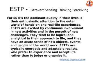 ESTP -       Extravert Sensing Thinking Perceiving

For ESTPs the dominant quality in their lives is
  their enthusiastic attention to the outer
  world of hands-on and real-life experiences.
  ESTPs are excited by continuous involvement
  in new activities and in the pursuit of new
  challenges. They tend to be logical and
  analytical in their approach to life, and they
  have an acute sense of how objects, events,
  and people in the world work. ESTPs are
  typically energetic and adaptable realists,
  who prefer to experience and accept life
  rather than to judge or organize it.
                                Return to presentation 
 