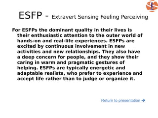 ESFP -       Extravert Sensing Feeling Perceiving

For ESFPs the dominant quality in their lives is
  their enthusiastic attention to the outer world of
  hands-on and real-life experiences. ESFPs are
  excited by continuous involvement in new
  activities and new relationships. They also have
  a deep concern for people, and they show their
  caring in warm and pragmatic gestures of
  helping. ESFPs are typically energetic and
  adaptable realists, who prefer to experience and
  accept life rather than to judge or organize it.



                                   Return to presentation 
 