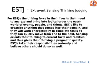 ESTJ -        Extravert Sensing Thinking Judging

For ESTJs the driving force in their lives is their need
  to analyze and bring into logical order the outer
  world of events, people, and things. ESTJs like to
  organize anything that comes into their domain, and
  they will work energetically to complete tasks so
  they can quickly move from one to the next. Sensing
  orients their thinking to current facts and realities,
  and thus gives their thinking a pragmatic quality.
  ESTJs take their responsibilities seriously and
  believe others should do so as well.




                                      Return to presentation 
 