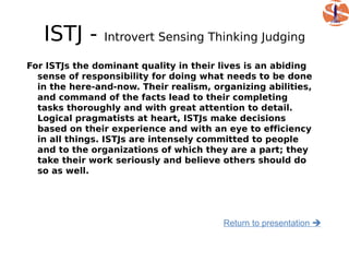 ISTJ -       Introvert Sensing Thinking Judging

For ISTJs the dominant quality in their lives is an abiding
  sense of responsibility for doing what needs to be done
  in the here-and-now. Their realism, organizing abilities,
  and command of the facts lead to their completing
  tasks thoroughly and with great attention to detail.
  Logical pragmatists at heart, ISTJs make decisions
  based on their experience and with an eye to efficiency
  in all things. ISTJs are intensely committed to people
  and to the organizations of which they are a part; they
  take their work seriously and believe others should do
  so as well.




                                        Return to presentation 
 