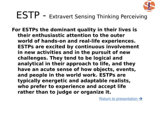 ESTP -       Extravert Sensing Thinking Perceiving

For ESTPs the dominant quality in their lives is
  their enthusiastic attention to the outer
  world of hands-on and real-life experiences.
  ESTPs are excited by continuous involvement
  in new activities and in the pursuit of new
  challenges. They tend to be logical and
  analytical in their approach to life, and they
  have an acute sense of how objects, events,
  and people in the world work. ESTPs are
  typically energetic and adaptable realists,
  who prefer to experience and accept life
  rather than to judge or organize it.
                                Return to presentation 
 