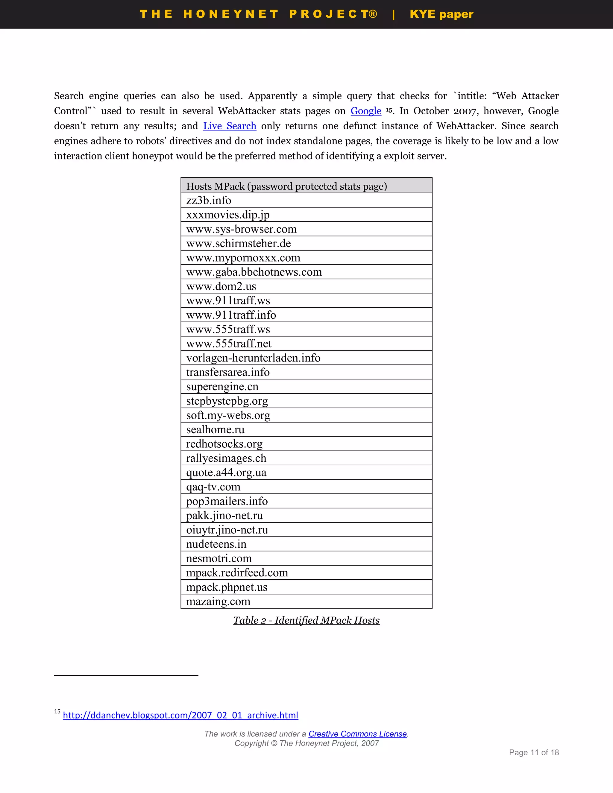 THE HONEYNET                         P R O J E C T®             |       KYE paper




Search engine queries can also be used. Apparently a simple query that checks for `intitle: “Web Attacker
Control”` used to result in several WebAttacker stats pages on Google              15.   In October 2007, however, Google
doesn’t return any results; and Live Search only returns one defunct instance of WebAttacker. Since search
engines adhere to robots’ directives and do not index standalone pages, the coverage is likely to be low and a low
interaction client honeypot would be the preferred method of identifying a exploit server.


                                Hosts MPack (password protected stats page)
                                zz3b.info
                                xxxmovies.dip.jp
                                www.sys-browser.com
                                www.schirmsteher.de
                                www.mypornoxxx.com
                                www.gaba.bbchotnews.com
                                www.dom2.us
                                www.911traff.ws
                                www.911traff.info
                                www.555traff.ws
                                www.555traff.net
                                vorlagen-herunterladen.info
                                transfersarea.info
                                superengine.cn
                                stepbystepbg.org
                                soft.my-webs.org
                                sealhome.ru
                                redhotsocks.org
                                rallyesimages.ch
                                quote.a44.org.ua
                                qaq-tv.com
                                pop3mailers.info
                                pakk.jino-net.ru
                                oiuytr.jino-net.ru
                                nudeteens.in
                                nesmotri.com
                                mpack.redirfeed.com
                                mpack.phpnet.us
                                mazaing.com
                                           Table 2 - Identified MPack Hosts




15
     http://ddanchev.blogspot.com/2007_02_01_archive.html
                                    The work is licensed under a Creative Commons License.
                                           Copyright © The Honeynet Project, 2007
                                                                                                               Page 11 of 18
 