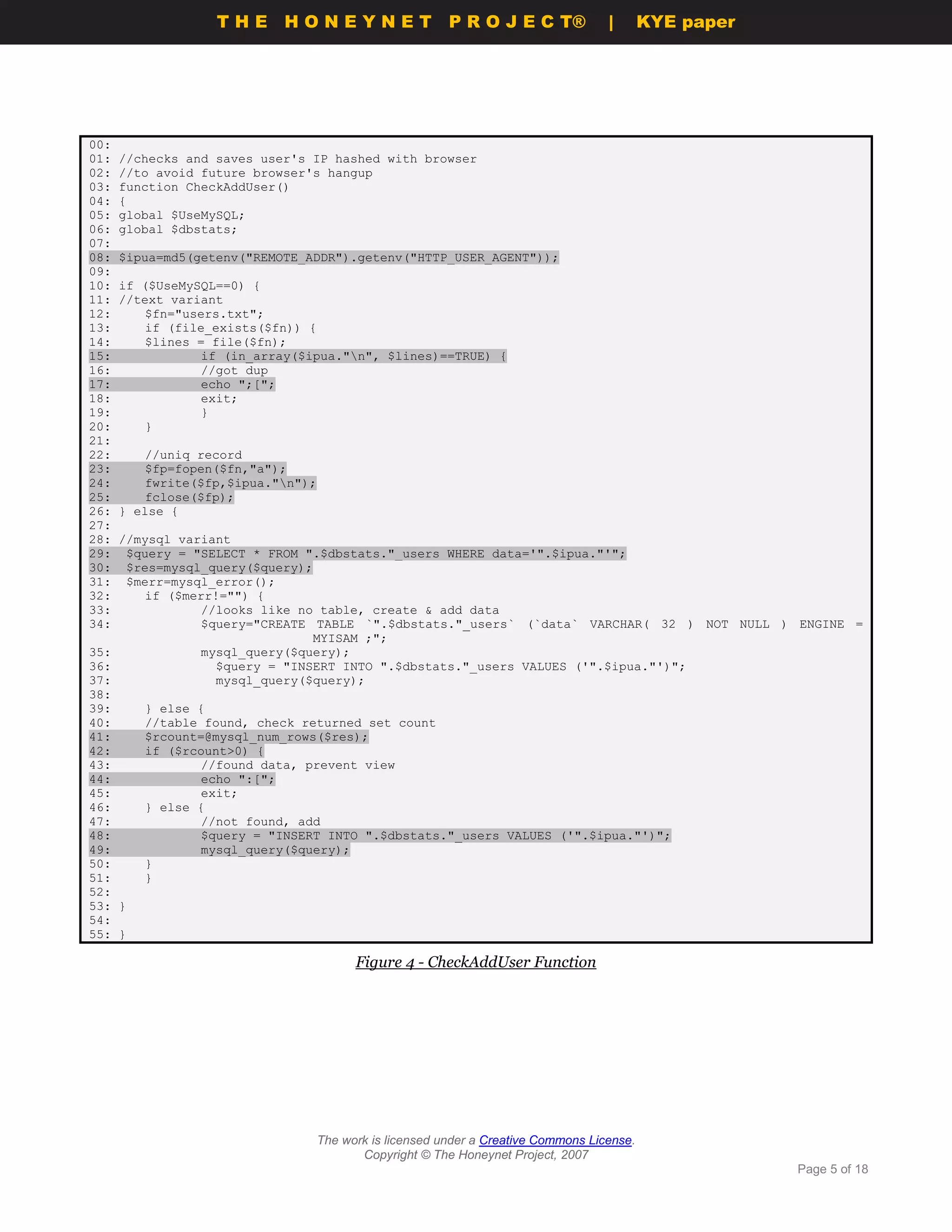 THE HONEYNET                           P R O J E C T®             |       KYE paper




00:
01:   //checks and saves user's IP hashed with browser
02:   //to avoid future browser's hangup
03:   function CheckAddUser()
04:   {
05:   global $UseMySQL;
06:   global $dbstats;
07:
08:   $ipua=md5(getenv("REMOTE_ADDR").getenv("HTTP_USER_AGENT"));
09:
10:   if ($UseMySQL==0) {
11:   //text variant
12:       $fn="users.txt";
13:       if (file_exists($fn)) {
14:       $lines = file($fn);
15:              if (in_array($ipua."n", $lines)==TRUE) {
16:              //got dup
17:              echo ";[";
18:              exit;
19:              }
20:       }
21:
22:       //uniq record
23:       $fp=fopen($fn,"a");
24:       fwrite($fp,$ipua."n");
25:       fclose($fp);
26:   } else {
27:
28: //mysql variant
29:  $query = "SELECT * FROM ".$dbstats."_users WHERE data='".$ipua."'";
30:  $res=mysql_query($query);
31:  $merr=mysql_error();
32:     if ($merr!="") {
33:            //looks like no table, create & add data
34:            $query="CREATE TABLE `".$dbstats."_users` (`data` VARCHAR( 32 ) NOT NULL ) ENGINE =
                               MYISAM ;";
35:            mysql_query($query);
36:              $query = "INSERT INTO ".$dbstats."_users VALUES ('".$ipua."')";
37:              mysql_query($query);
38:
39:     } else {
40:     //table found, check returned set count
41:     $rcount=@mysql_num_rows($res);
42:     if ($rcount>0) {
43:            //found data, prevent view
44:            echo ":[";
45:            exit;
46:     } else {
47:            //not found, add
48:            $query = "INSERT INTO ".$dbstats."_users VALUES ('".$ipua."')";
49:            mysql_query($query);
50:     }
51:     }
52:
53: }
54:
55: }

                                          Figure 4 - CheckAddUser Function




                                    The work is licensed under a Creative Commons License.
                                           Copyright © The Honeynet Project, 2007
                                                                                                         Page 5 of 18
 