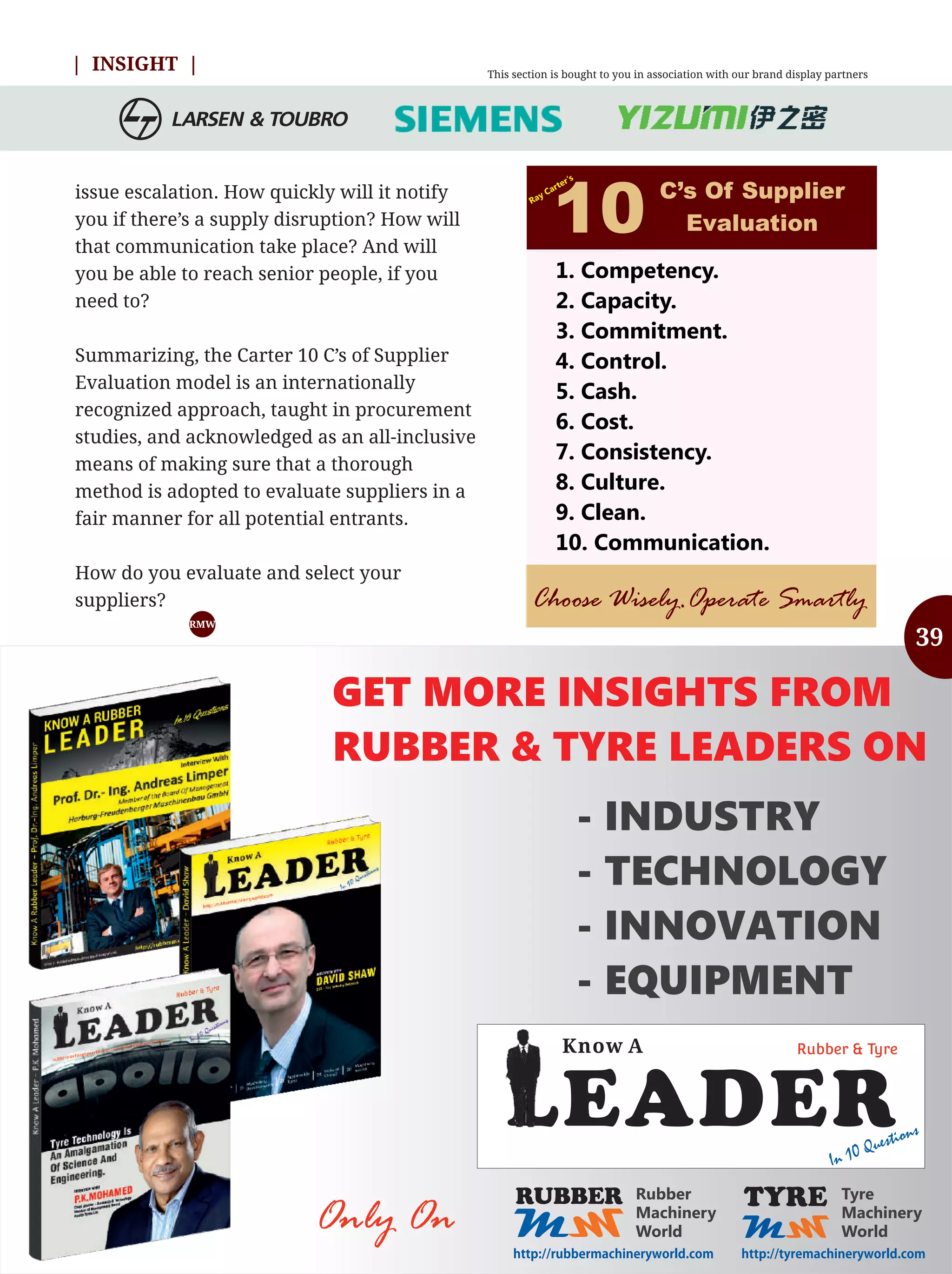 issue escalation. How quickly will it notify
you if there’s a supply disruption? How will
that communication take place? And will
you be able to reach senior people, if you
need to?
Summarizing, the Carter 10 C’s of Supplier
Evaluation model is an internationally
recognized approach, taught in procurement
studies, and acknowledged as an all-inclusive
means of making sure that a thorough
method is adopted to evaluate suppliers in a
fair manner for all potential entrants.
How do you evaluate and select your
suppliers?
Know Your Supplier | MAY 2016
| INSIGHT |
RMW
This section is bought to you in association with our brand display partners
- INDUSTRY
- TECHNOLOGY
- INNOVATION
- EQUIPMENT
GET MORE INSIGHTS FROM
RUBBER  TYRE LEADERS ON
Only On
Know A
LEADERIn 10 Questions
Rubber  Tyre
MM
RUBBER Rubber
Machinery
World
http://rubbermachineryworld.com http://tyremachineryworld.com
MM
TYRE Tyre
Machinery
World
C’s Of Supplier
Evaluation10
Choose Wisely.Operate Smartly
Ray Carter’s
1. Competency.
2. Capacity.
3. Commitment.
4. Control.
5. Cash.
6. Cost.
7. Consistency.
8. Culture.
9. Clean.
10. Communication.
39
 