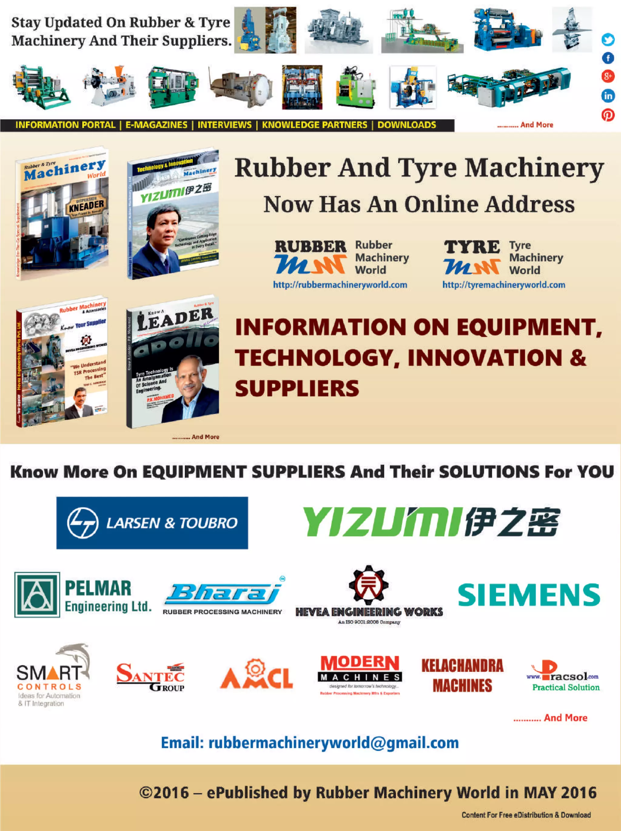 Know Your Supplier - Rubber & Tyre Machinery World May 2016 Special