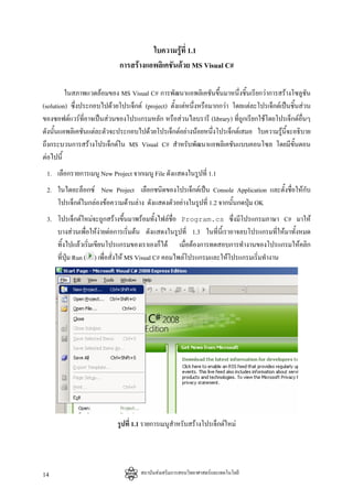 ใบความรูที่ 1.1
                            การสรางแอพลิเคชันดวย MS Visual C#

         ในสภาพแวดลอมของ MS Visual C# การพัฒนาแอพลิเคชันขึ้นมาหนึ่งชิ้นเรียกวาการสรางโซลูชัน
(solution) ซึ่งประกอบไปดวยโปรเจ็กต (project) ตั้งแตหนึ่งหรือมากกวา โดยแตละโปรเจ็กตเปนชิ้นสวน
ของซอฟตแวรที่อาจเปนสวนของโปรแกรมหลัก หรือสวนไลบรารี (library) ที่ถูกเรียกใชโดยโปรเจ็กตอื่นๆ
ดังนั้นแอพลิเคชันแตละตัวจะประกอบไปดวยโปรเจ็กตอยางนอยหนึ่งโปรเจ็กตเสมอ ใบความรูนี้จะอธิบาย
                                                                                         
ถึงกระบวนการสรางโปรเจ็กตใน MS Visual C# สําหรับพัฒนาแอพลิเคชันแบบคอนโซล โดยมีขั้นตอน
ตอไปนี้
 1. เลือกรายการเมนู New Project จากเมนู File ดังแสดงในรูปที่ 1.1
 2. ในไดอะล็อกซ New Project เลือกชนิดของโปรเจ็กตเปน Console Application และตั้งชื่อใหกับ
    โปรเจ็กตในกลองขอความดานลาง ดังแสดงตัวอยางในรูปที่ 1.2 จากนั้นกดปุม OK
                                                                           
 3. โปรเจ็กตใหมจะถูกสรางขึ้นมาพรอมทั้งไฟลชื่อ Program.cs ซึ่งมีโปรแกรมภาษา C# มาให
    บางสวนเพื่อใหงายตอการเริ่มตน ดังแสดงในรูปที่ 1.3 ในที่นเี้ ราอาจลบโปรแกรมที่ใหมาทั้งหมด
    ทิ้งไปแลวเริ่มเขียนโปรแกรมของเราเองก็ได เมื่อตองการทดสอบการทํางานของโปรแกรมใหคลิก
    ที่ปุม Run ( ) เพื่อสั่งให MS Visual C# คอมไพลโปรแกรมและใหโปรแกรมเริ่มทํางาน




                           รูปที่ 1.1 รายการเมนูสําหรับสรางโปรเจ็กตใหม




14                                  สถาบันสงเสริมการสอนวิทยาศาสตรและเทคโนโลยี
 