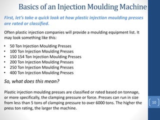 Basics of an Injection Moulding Machine
10
First, let’s take a quick look at how plastic injection moulding presses
are rated or classified.
Often plastic injection companies will provide a moulding equipment list. It
may look something like this:
• 50 Ton Injection Moulding Presses
• 100 Ton Injection Moulding Presses
• 150 154 Ton Injection Moulding Presses
• 200 Ton Injection Moulding Presses
• 250 Ton Injection Moulding Presses
• 400 Ton Injection Moulding Presses
So, what does this mean?
Plastic injection moulding presses are classified or rated based on tonnage,
or more specifically, the clamping pressure or force. Presses can run in size
from less than 5 tons of clamping pressure to over 6000 tons. The higher the
press ton rating, the larger the machine.
 