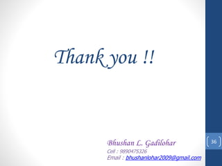 Bhushan L. Gadilohar
Cell : 9890475326
Email : bhushanlohar2009@gmail.com
Thank you !!
36
 
