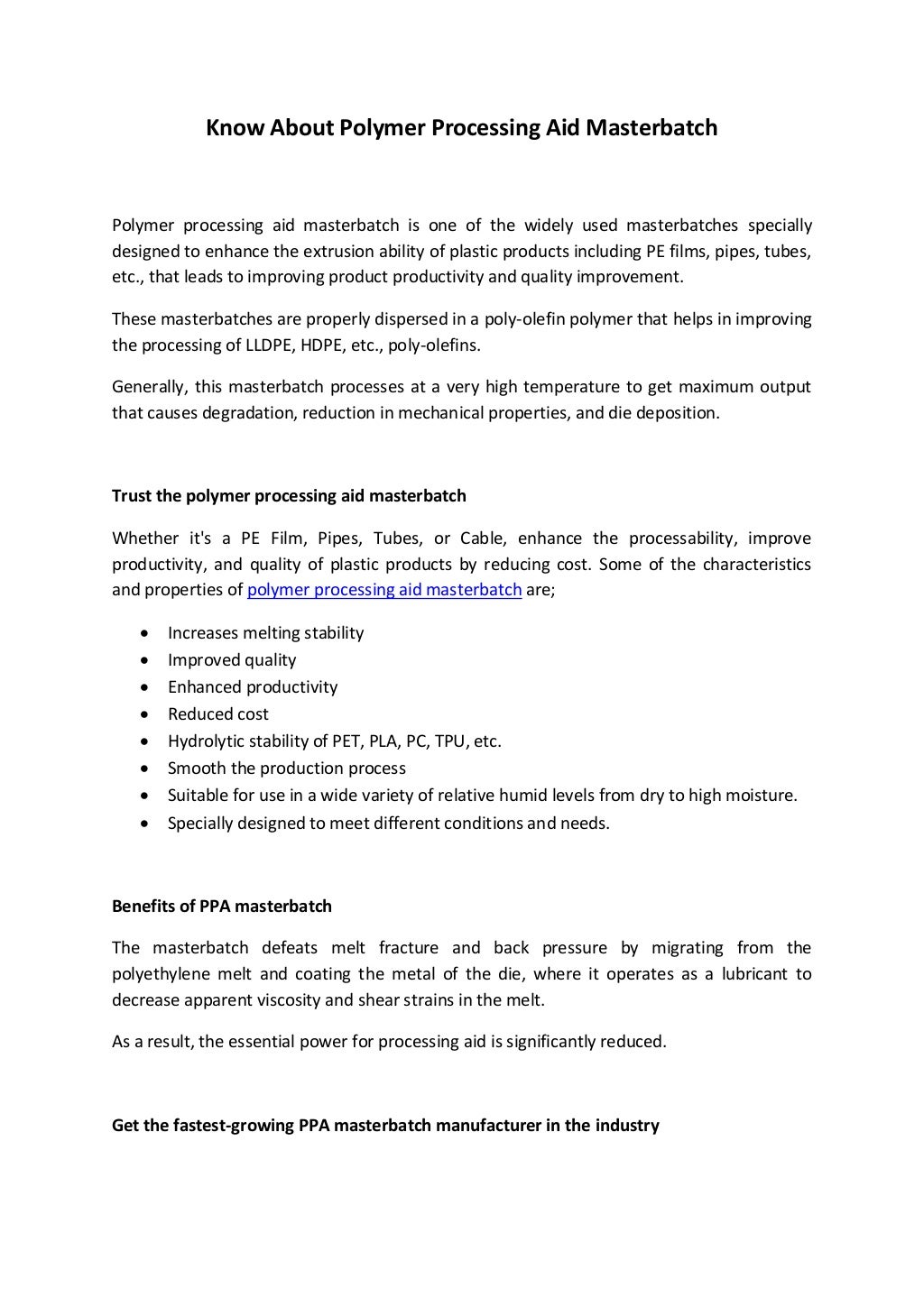 Know about polymer processing aid masterbatch
